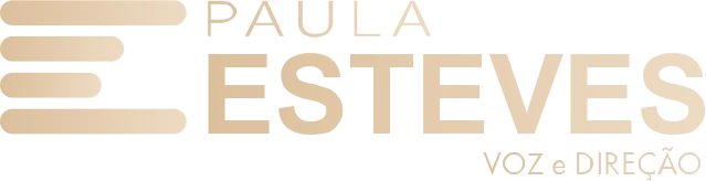 Logotipo vertical da locutora Paula Esteves em dourado.